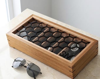 Handgemaakte Iroko-zonnebrildoos, Afrikaanse teakhouten brillenvitrine, universele sleuf, gepersonaliseerde organisator