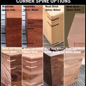 May include: A grid of eight wooden box corners labeled CORNER SPINE OPTIONS, showcasing various wood types including Iroko, Birtch, Dark Walnut, and Light Walnut, with contrasting or matching wood spines integrated into the corner joints of each box.