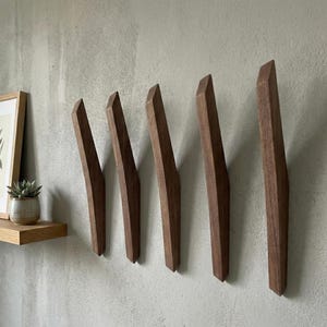 Mid-century modern dark walnut wooden wall hooks arranged in a row on a textured light gray wall, featuring five sculpted solid wood hooks with clean lines, styled with a floating wooden shelf, framed artwork, and a small potted plant for a minimalist home interior