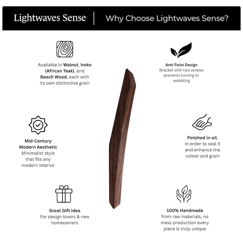 Lightwaves Sense brand infographic explaining why to choose Lightwaves Sense wooden wall hooks, featuring a mid-century modern iroko (African teak) wall hook in the center, with icons highlighting available woods (walnut, iroko African teak, beech), anti-twist two-screw mounting design, natural oil finish to enhance grain, mid-century modern aesthetic, 100% handmade craftsmanship, and a great gift idea for design lovers and new homeowners.