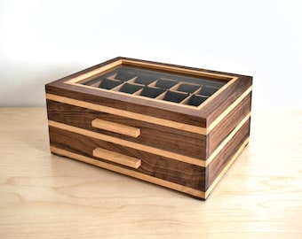 Watch box with drawer and window 15-30 pockets - Black Walnut Handmade - Personalized