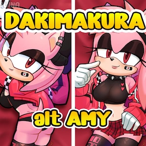 May include: A pink and red anime-style illustration of a character with the text "DAKIMAKURA" and "alt AMY". The character has pink hair, red eyes, and is wearing a black top, red jacket, and a plaid skirt. The background is red.