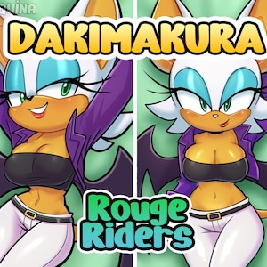 Puede incluir: Ilustración de un personaje con alas de murciélago, con un top negro, una chaqueta morada y pantalones blancos. La imagen incluye el texto "DAKIMAKURA" y "Rouge Riders" en una fuente colorida, sobre un fondo verde claro.