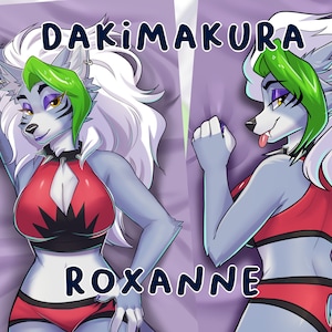 May include: A Dakimakura body pillow featuring a grey wolf character with green hair, wearing a red and black outfit. The character is named Roxanne.