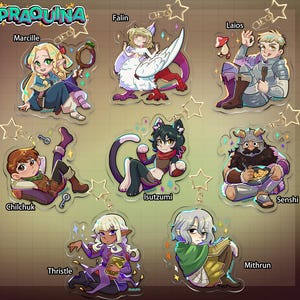 May include: Set of ten colorful character charms with a white background. Each charm features a different character with a unique design and name. The characters include: Maricille, Falin, Laios, Chilchuk, Isutzumi, Senshi, Thistle, Mithrun.