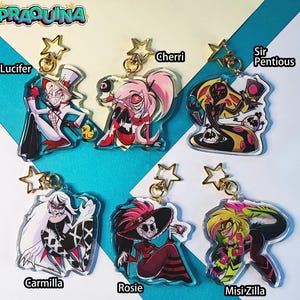 Llaveros Acrílicos: Hazbin Hotel Hell (Lucifer, Cherri, Sir Pentious, Carmilla, Rosie, Missi Zilla)