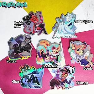 May include: A set of nine holographic stickers featuring characters from the animated series "Hazbin Hotel". The stickers are colorful and feature various characters, including Angel Dust, Alastor, and Charlie. The stickers are perfect for adding a touch of personality to laptops, water bottles, or other items.