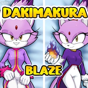 Może przedstawiać: Poduszka do ciała z postacią z kreskówki z fioletowym futrem, ubraną w fioletową sukienkę z białymi akcentami. Teksty "DAKIMAKURA" i "BLAZE" są wyświetlane w kolorze żółtym i czarnym. Postać trzyma ogień.