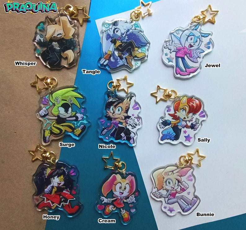 Op de afbeelding: Negen kleurrijke sleutelhangers met personages uit de Sonic the Hedgehog-franchise. De sleutelhangers zijn gemaakt van helder acryl en bevatten een verscheidenheid aan personages, waaronder Sonic, Tails, Knuckles, Amy en Shadow. Elke sleutelhanger heeft een gouden metalen ring en een stervormige hanger.