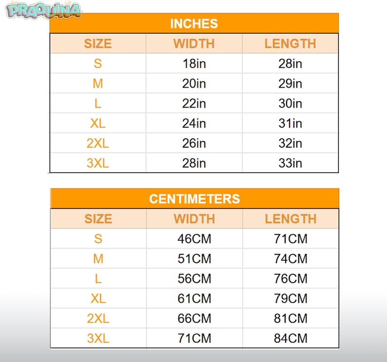 May include: A size chart with measurements in inches and centimeters. The chart displays sizes S to 3XL, with corresponding width and length measurements. For example, size S is 18 inches wide and 28 inches long, or 46cm wide and 71cm long.
