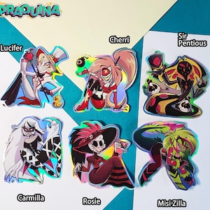 Puede incluir: Conjunto de 7 pegatinas holográficas con personajes de la serie animada "Hazbin Hotel". Las pegatinas representan a Lucifer, Cherri, Sir Pentious, Carmilla, Rosie y Misi Zilla.