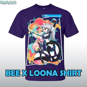 May include: Purple t-shirt with a graphic print of two cartoon characters, a wolf and a fox, in a colorful, abstract background. The text "Vortex: Hold ya you'll get along perfectly fine" is in a speech bubble above the characters. The text "BEE x LOONA SHIRT" is printed below the graphic.