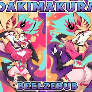 May include: A colourful illustration of a cartoon character with a fox-like appearance. The character is wearing pink and white clothing, has blue and pink hair, and black wings. The background is a swirl of pink, blue, yellow, and orange. The text "DAKIMAKURA" is at the top of the image and "BEELZEBUB" is at the bottom.
