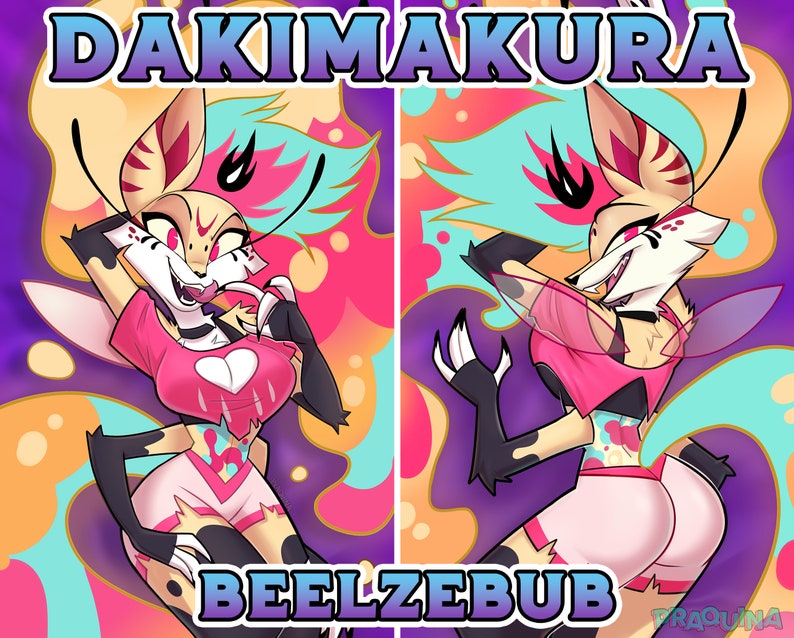 May include: A colourful illustration of a cartoon character with a fox-like appearance. The character is wearing pink and white clothing, has blue and pink hair, and black wings. The background is a swirl of pink, blue, yellow, and orange. The text "DAKIMAKURA" is at the top of the image and "BEELZEBUB" is at the bottom.