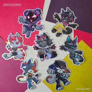 以下が含まれることがあります： 様々な衣装やポーズをとった擬人化された動物キャラクターのダイカットステッカー7枚。フードを被った紫色のキャラクター、黄色いズボンのオオカミ、ピンクの髪のキツネ、メガネをかけた灰色のキャラクター、濃い青色の生き物、オレンジ色のシャツを着た猫、黒いニット帽を被った猫のデザインが含まれています。