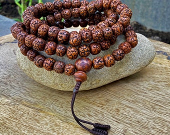108 Natural Aged Dark Brown Rudraksha Seed Mala Prayer Beads, Sacred Rudraksha Japa Mala, Meditation Mala Rosary, Buddhist Mala