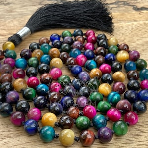 Courage Mala, 8mm Multicolor Tiger Eye Mala, Hand Knotted Mala, Tigers Eye Necklace, 108 Mala Beads, Yoga Mala, Protection Necklace