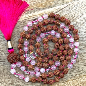 Love attraction mala Rose Quartz mala With 5 Mukhi rudraksha mala and clear Quartz Beads, Meditation Mala, Rose quartz Mala, Yoga Jewelry
