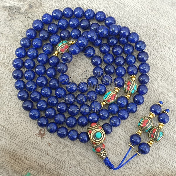 Tibetan Lapis Lazuli 108 Mala Bead Lapis Lazuli Mala with Inlaid Brass Counter Bead Lapis Mantra Mala
