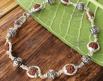 Om Charm Bracelet, 925 Sterling Silver Rudraksha Beads Bracelet, Rudraksha Bracelet,Om Bracelet, Sterling Silver Bracelet