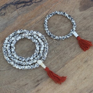 Om engraved White Yak Bone Mala with Bracelet, Kapala Prayer Beads, Protection Necklace, Buddhist Jewelry, Yoga Gifts, Handmade Jewelry