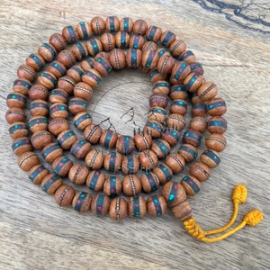 Inlayed Yak Bone Tibetan Mala, Kapala Prayer Beads, Protection Necklace, Buddhist Jewelry, Yoga Gifts, Handmade Jewelry