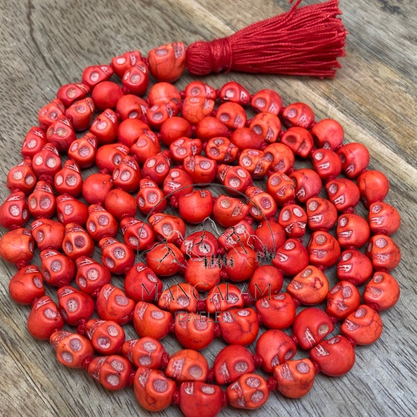 Mala tête de mort en howlite rouge, mala tête de mort, 108 perles de mala, Lord Kali Mala, collier tendance, cadeau pour amateur de yoga