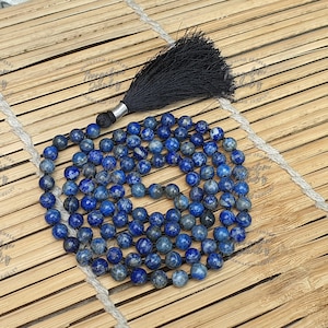 Lapis Lazuli 8mm Mala AAA+ (Highest Quality), 108 Lapis Lazuli Stone Hand Knotted Mala Beads Necklace, Lapis Mala Gemstone Long Necklace
