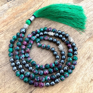 RUBY ZOISITE & HEMATITE Crystal Necklace, Mala - Beaded Necklace, Handmade Jewelry, Healing Crystals and Stones