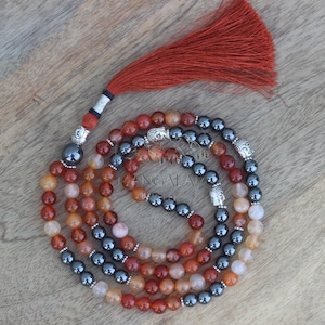 Carnelian Mala with Hematite Beads and buddha Charm Yoga Jewelry Meditation Mala Gift For Yoga Lovers
