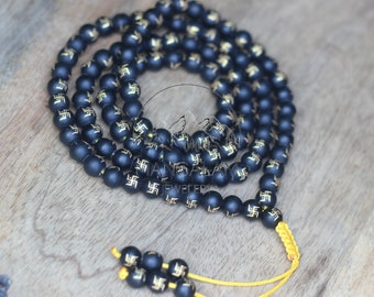 Premium Black Onyx With Satya Symbol Engraved, Black Onyx Mala, Buddhist Mala, Gift for Yoga Lovers