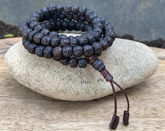 108 Natural Aged Dark Black Rudraksha Seed Mala Prayer Beads, Sacred Rudraksha Japa Mala, Meditation Mala Rosary, Buddhist Mala