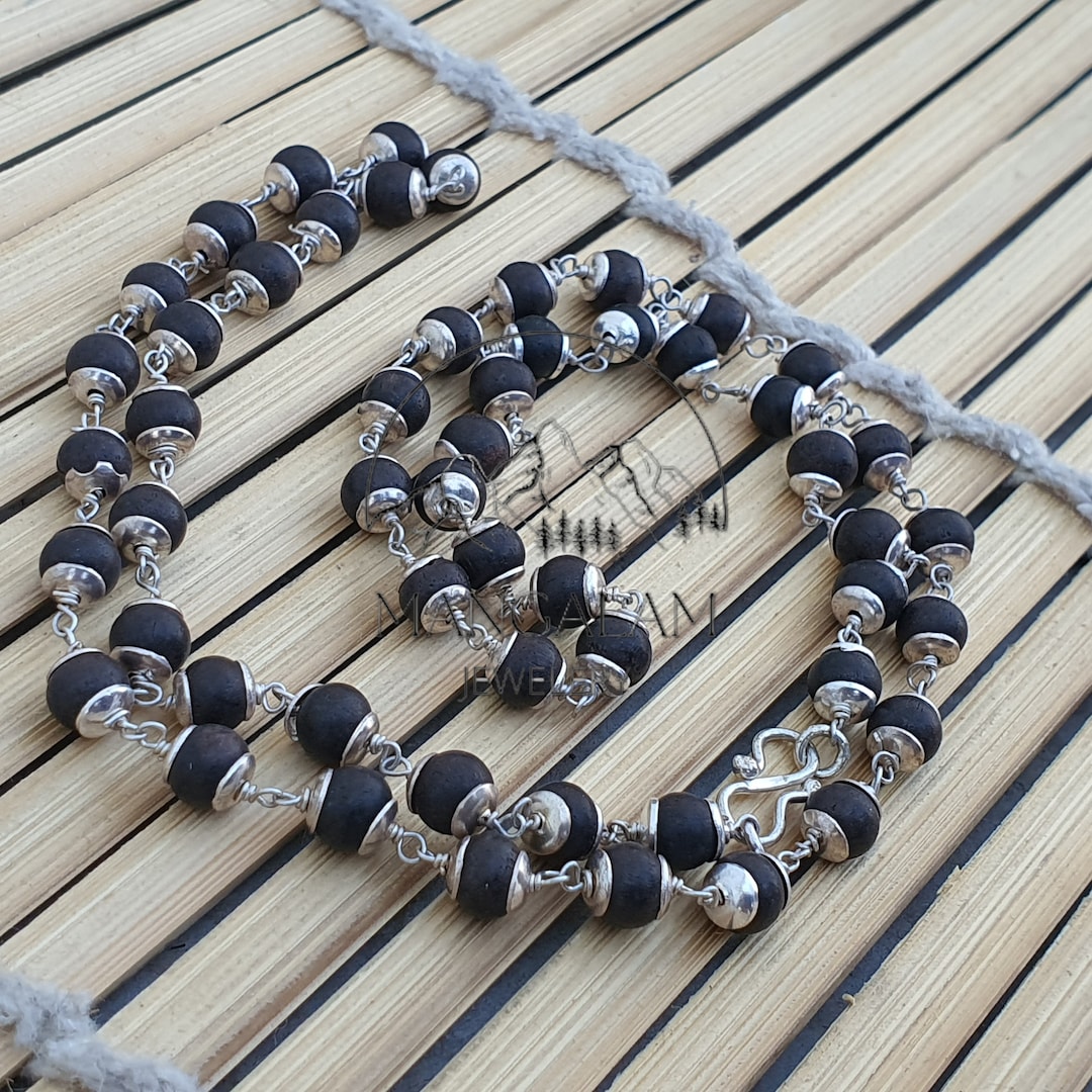 Karungali Mala, White Metal Ebony Wood Mala, 108 1 Bead Mala, Wood Bead