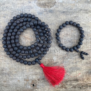 Matte Karungali Mala 10MM With Bracelet, Ebony Wood Mala, Wood Bead Necklace, Prayer Beads, Handmade Necklace