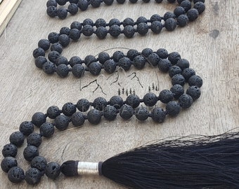 Lava Mala para la paz interior, Mala anudada a mano, cuentas de oración, collar de lava, 108 cuentas Mala, collar de declaración, regalo para amantes del yoga