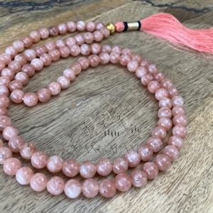 Moonstone Necklace Mala 8mm 108 Beads Tassel Necklace, Golden Guru Beads Necklace mala, Plain Round beads Prayer Mala, Gemstone Mala