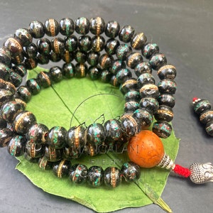 Inlayed Yak Bone Tibetan Mala, Kapala Prayer Beads, Protection Necklace, Buddhist Jewelry, Yoga Gifts, Handmade Jewelry