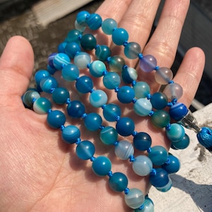 Introspection Mala 8MM, Light Blue Banded Agate Necklace, 108 Beads, Light Blue Banded Agate Mala, Bohemian Necklace, Yoga Gift