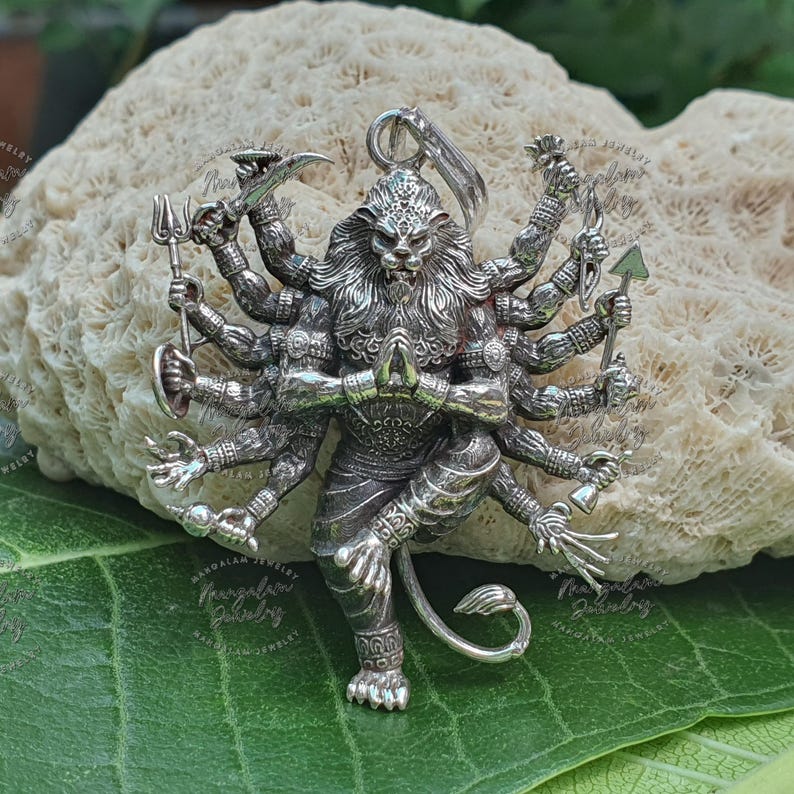 12-armed Lord Narasimha Pendant in Pure Silver | Vishnu Avatar Amulet ...