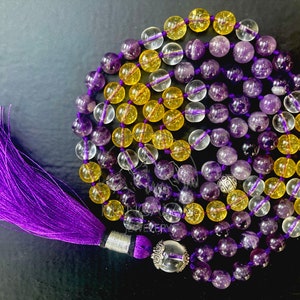Banded Amethyst mala with citrine and Clear Quartz beads, Aura Protection mala, Master Healer Mala , Gift for Yoga lover