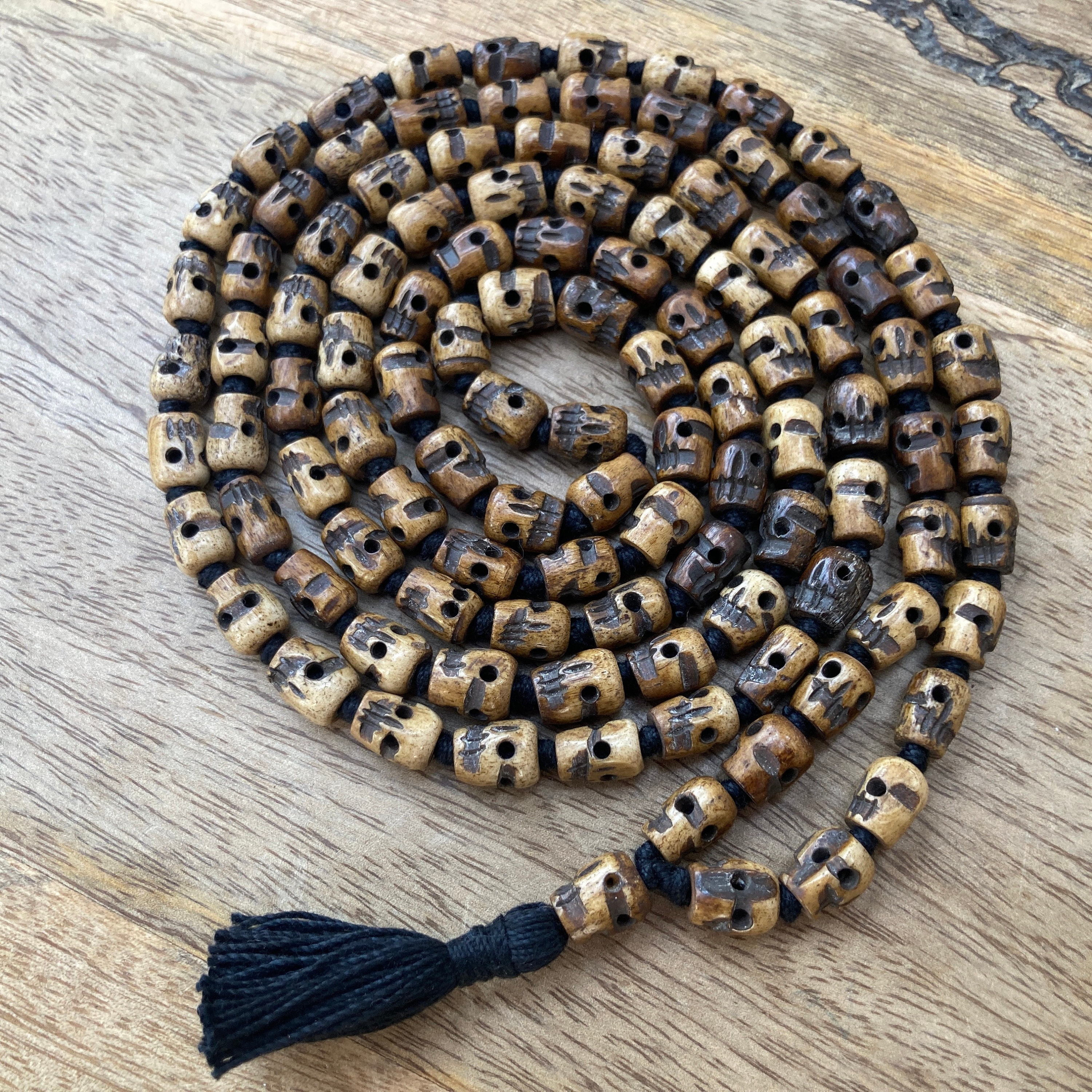 108 Kali Mala Dark Brown Bone Skull Prayer Beads, Skull Mala
