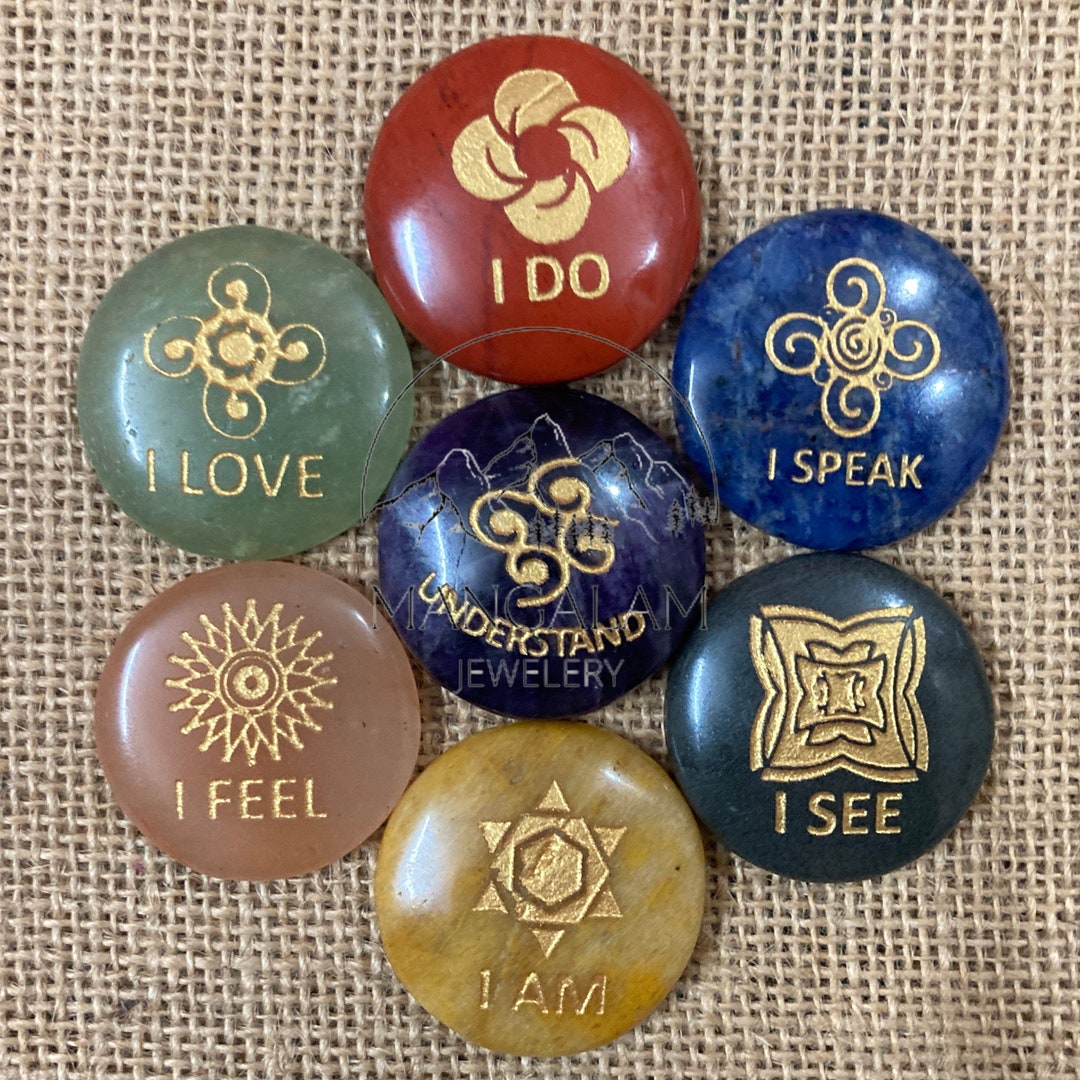 Seven Chakra Stone Disc Set, Healing Crystal Rainbow Chakra Engraved ...