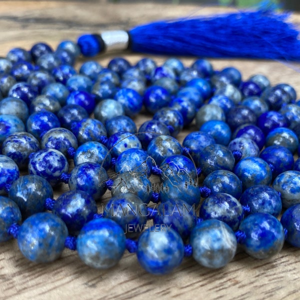 Mala de lapis-lazuli 8 mm AAA+ (la plus haute qualité), Collier de 108 perles de lapis-lazuli nouées à la main, collier long de pierres précieuses de lapis mala