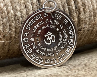 Gayatri mantra Pendent in Silver Coin Mantra Charm- Silver Pendant, Gayatri Mantra Pendent Custom Engraved Necklace,
