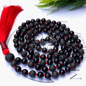 Earth&#39;s Elemental Harmony Mala Necklace, Volcanic Lava, Matte Black Onyx, Black Obsidian Beads Mala Necklace, 108 Mala Beads