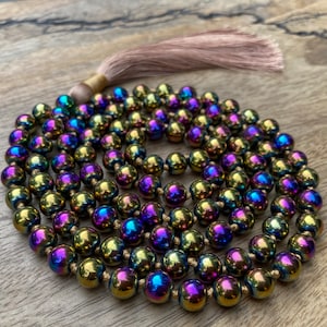 Rainbow Hematite Mala, 108 Mala Beads, Hematite Necklace, Bohemian Jewelry, Protective Crystals, Statement Necklace