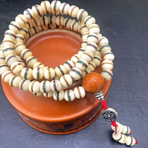 Inlayed Yak Bone Tibetan Mala, Kapala Prayer Beads, Protection Necklace, Buddhist Jewelry, Yoga Gifts, Handmade Jewelry