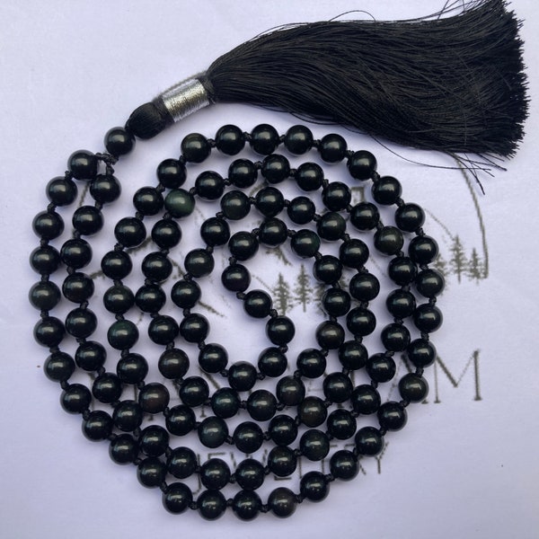 Black Obsidian Mala, Knotted Mala, Gemstone Jewelry, 108 Mala Beads, Spiritual Necklace, Black Obsidian Necklace