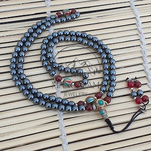 Tibetan Hematite Mala 108 Mala Bead Hematite Mala with Inlaid Brass Counter Bead Hematite Mantra Mala