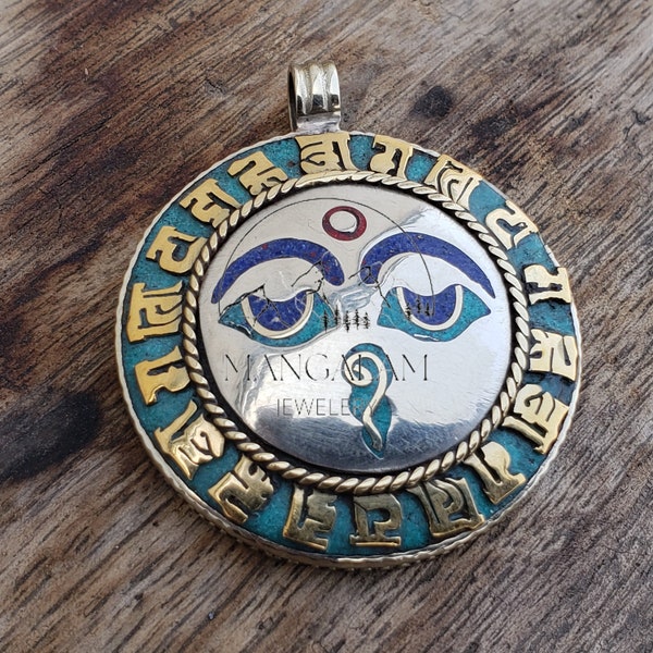 Buddha Eye Pendent With Buddha Mantra Written Om Mani Padme Hum Nepal Tibet-Zen Pendant -Sun Buddha Pendent